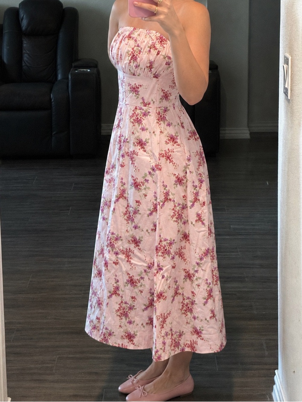 Beautiful Strapless Pink Floral Midi Dress